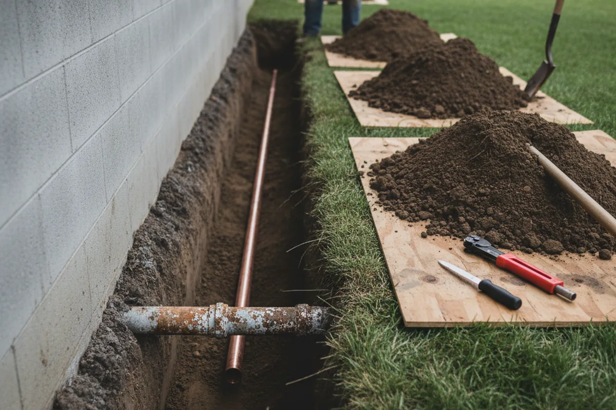Excavated water line trench during Sewer Line Repair in Reeds Spring